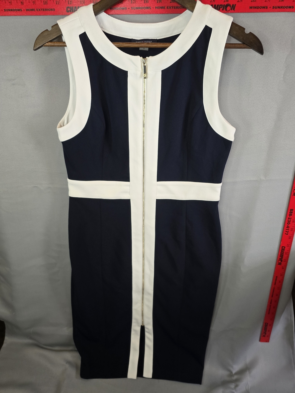 Tommy Hilfiger Navy and White Sleeveless Midi Sheath Dress with Front Zip